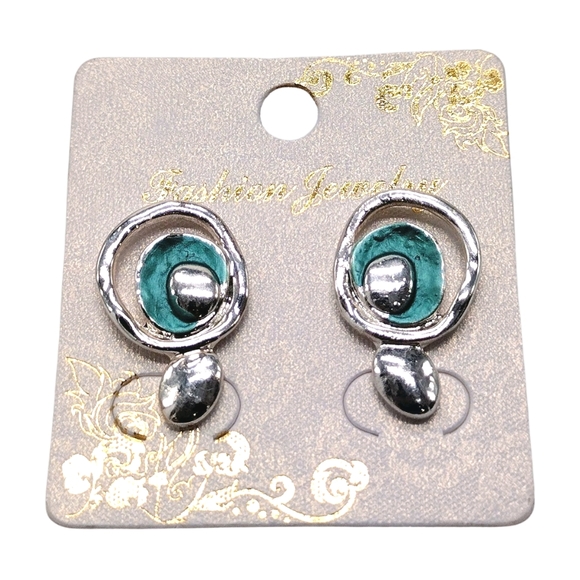 NEW Silver and Teal Abalone Circle Drop Earrings - Picture 3 of 9